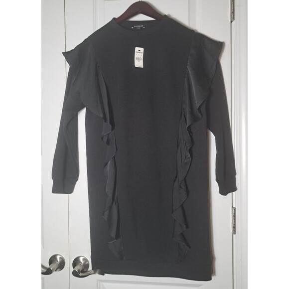 NWT Express Women's Black Ruffle Long Sleeve Sweatshirt Dress Tunic Size XS - Picture 3 of 12